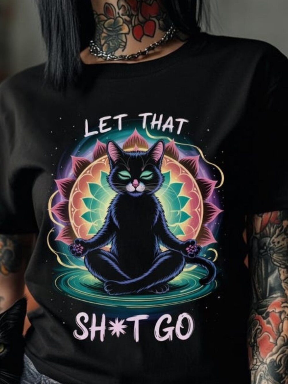 Zen Cat Meditation T-shirt, Mandala Black Cat Tee